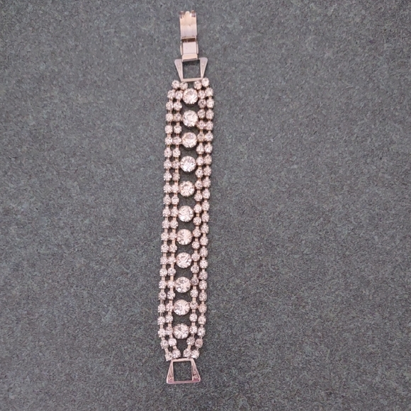 Jewelry - Vintage Silver Tone Clear Rhinestone Wide Bracelet